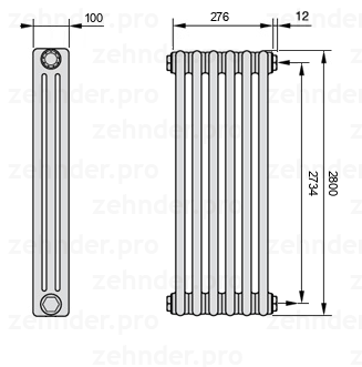 Схема (чертеж) Радиатор Zehnder Charleston 3280/6 №7610 Белый глянцевый RAL 9016